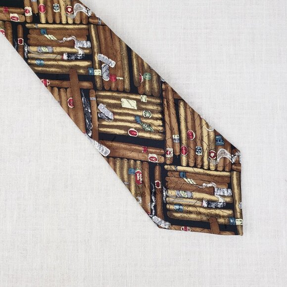 Nicole Miller Silk Tie Cigar Pattern Brown Novelty Smoking Theme 1997 Korea - Picture 1 of 6